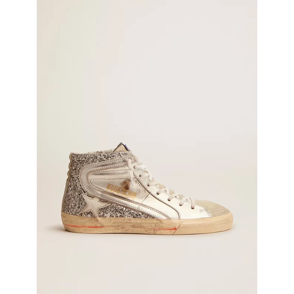 Golden Goose Slide with Laminated Leather‎ Upper and Silver Glitter Size 36